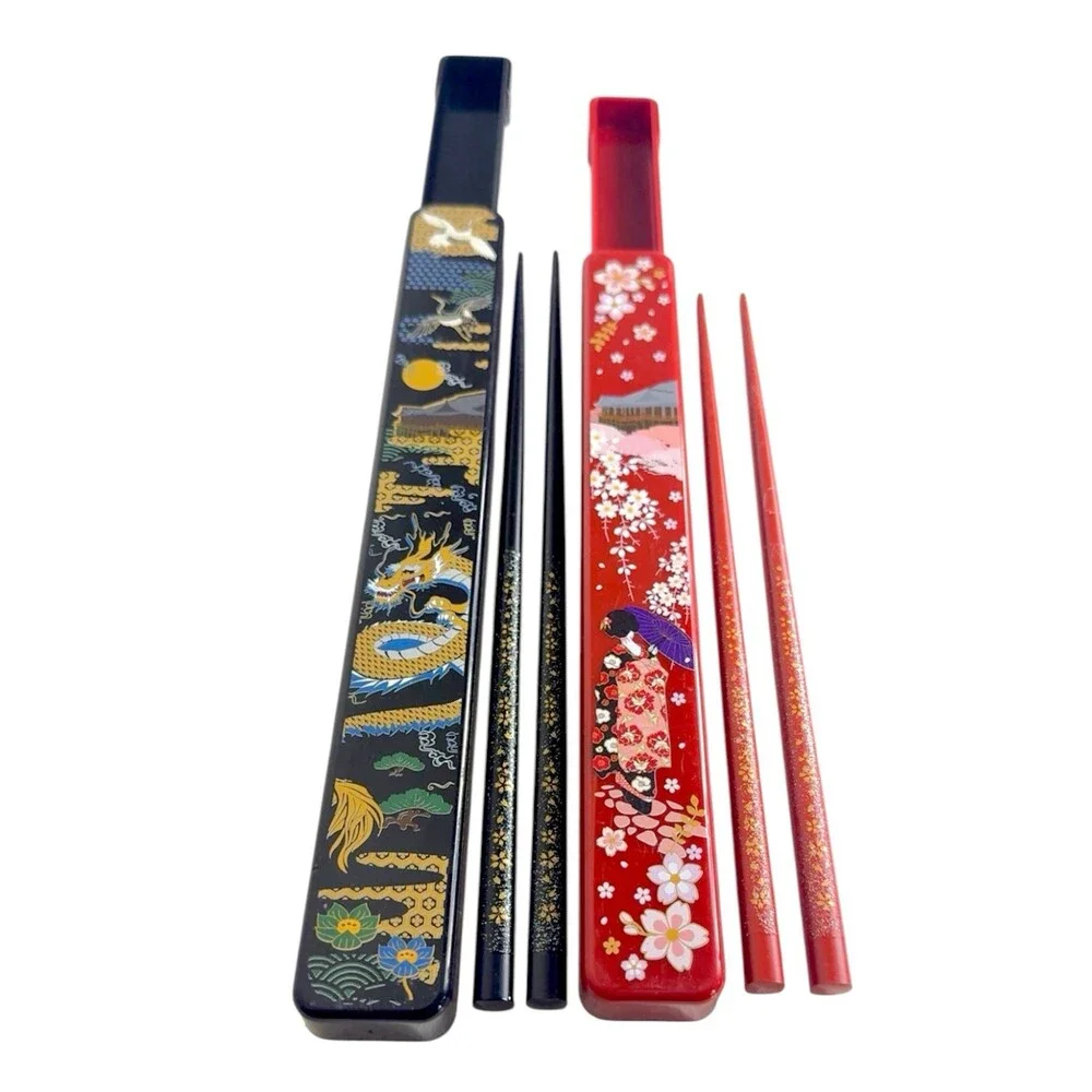 Japanese Travel Chopsticks 2 Pair Cases Dragon Geisha Cranes Sakura Red Black